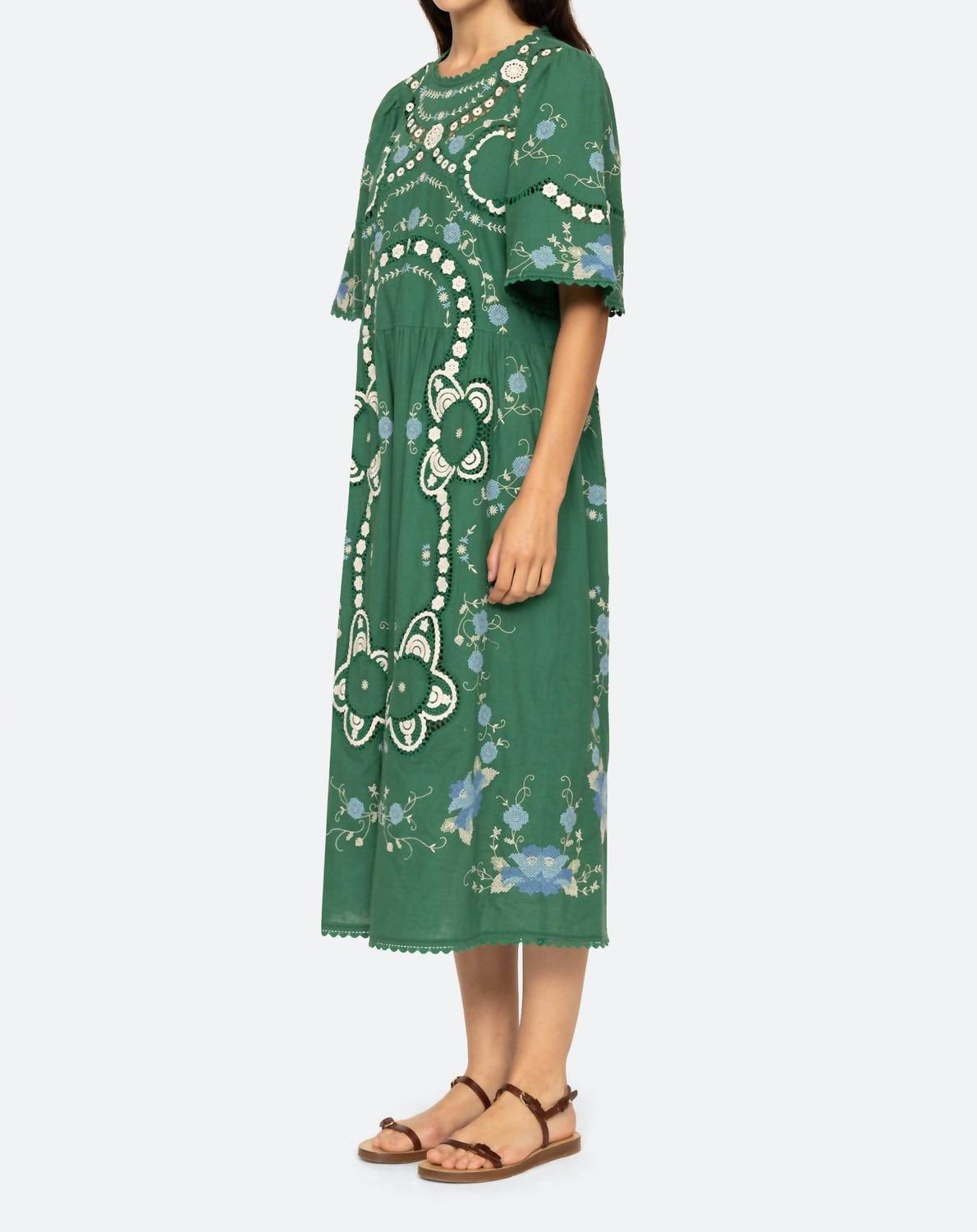 SEA Vesna Embroidery Short Sleeve Dress in green - women's dress - alternate view