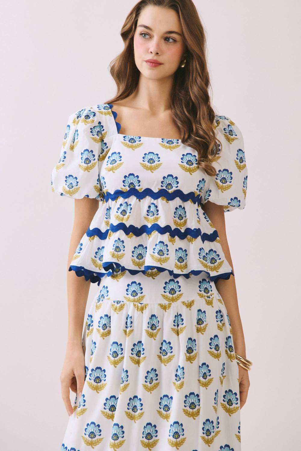 Tcec - Lily Floral Print Layered Ruffle Ric Rac Top
