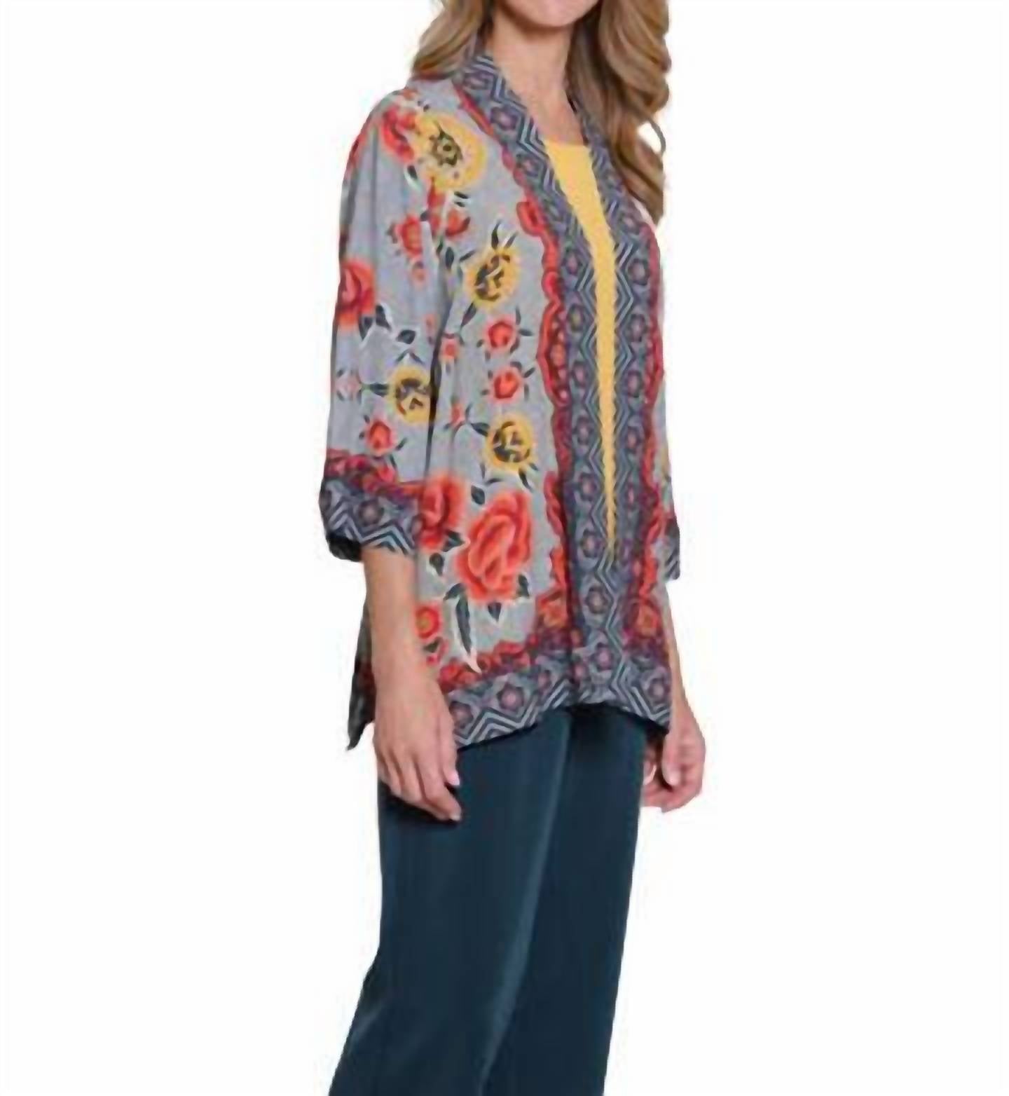 Multiples 3/4 Sleeve Banded Open Front Jacket in multi - women's jacket - alternate view