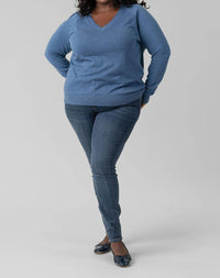 Minnie Rose - Cotton Cashmere Distressed Long Sleeve V-neck Tee - Plus