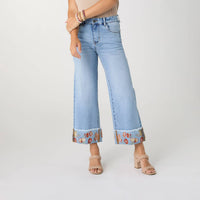 Coco + Carmen - Women's Everstretch Wide Leg Crop Embroidered Cuff Jeans