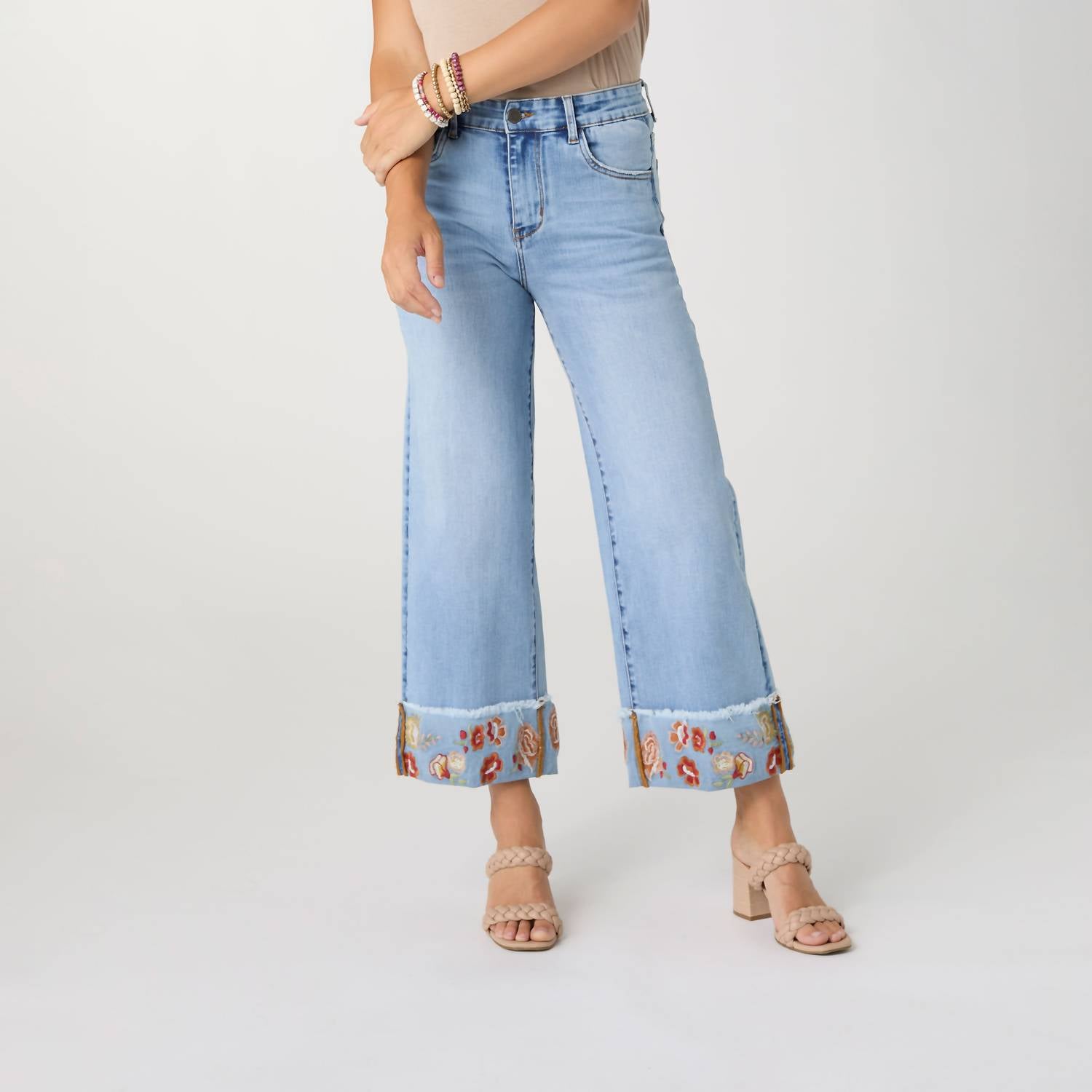 Coco + Carmen - Women's Everstretch Wide Leg Crop Embroidered Cuff Jeans