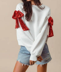 Fantastic Fawn - Sequin Bow On Sleeve Sweatshirt