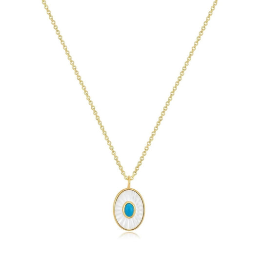 Eklexic - Women's Oval Shaped Mop Pendant With Turquoise Stone Necklace
