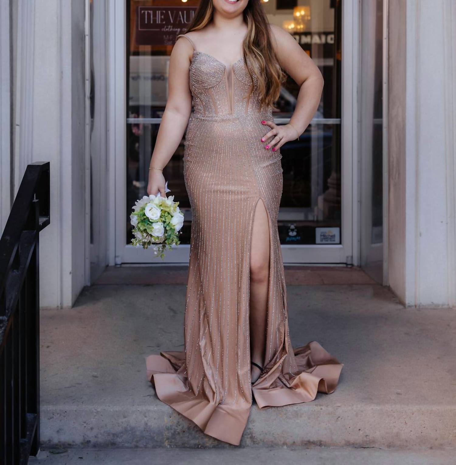 Sherri Hill Women's Prom Dress in nude silver - women's dress - detail view