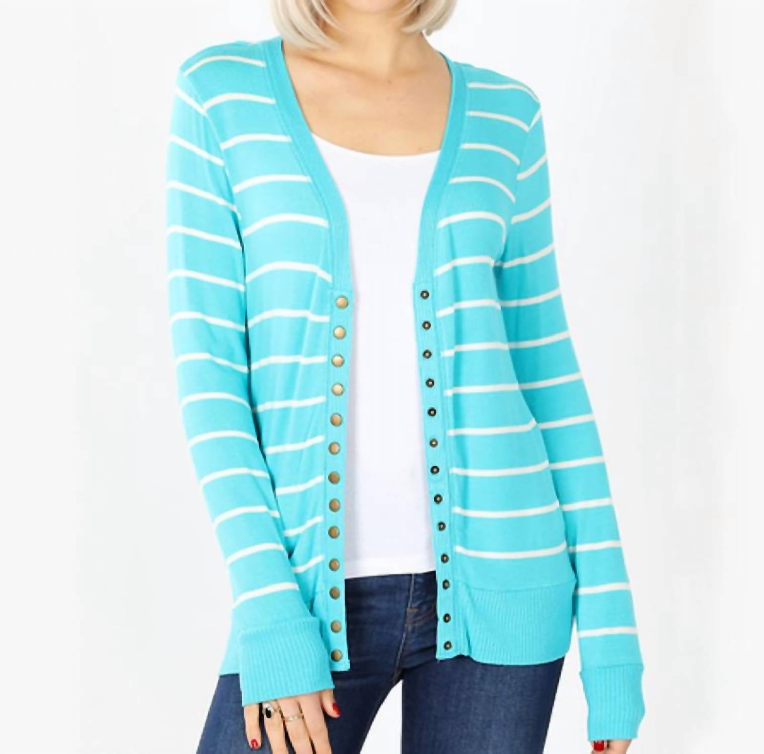 Zenana - Striped Snap Full Sleeve Cardigan