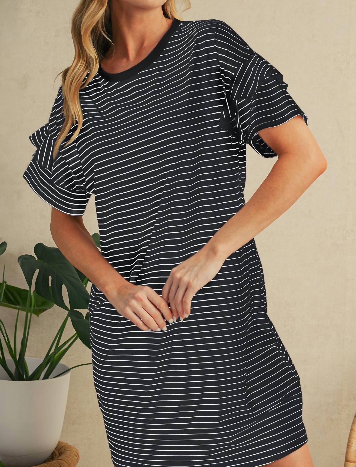 Shewin - Stripe Ruffle T-shirt Mini Dress
