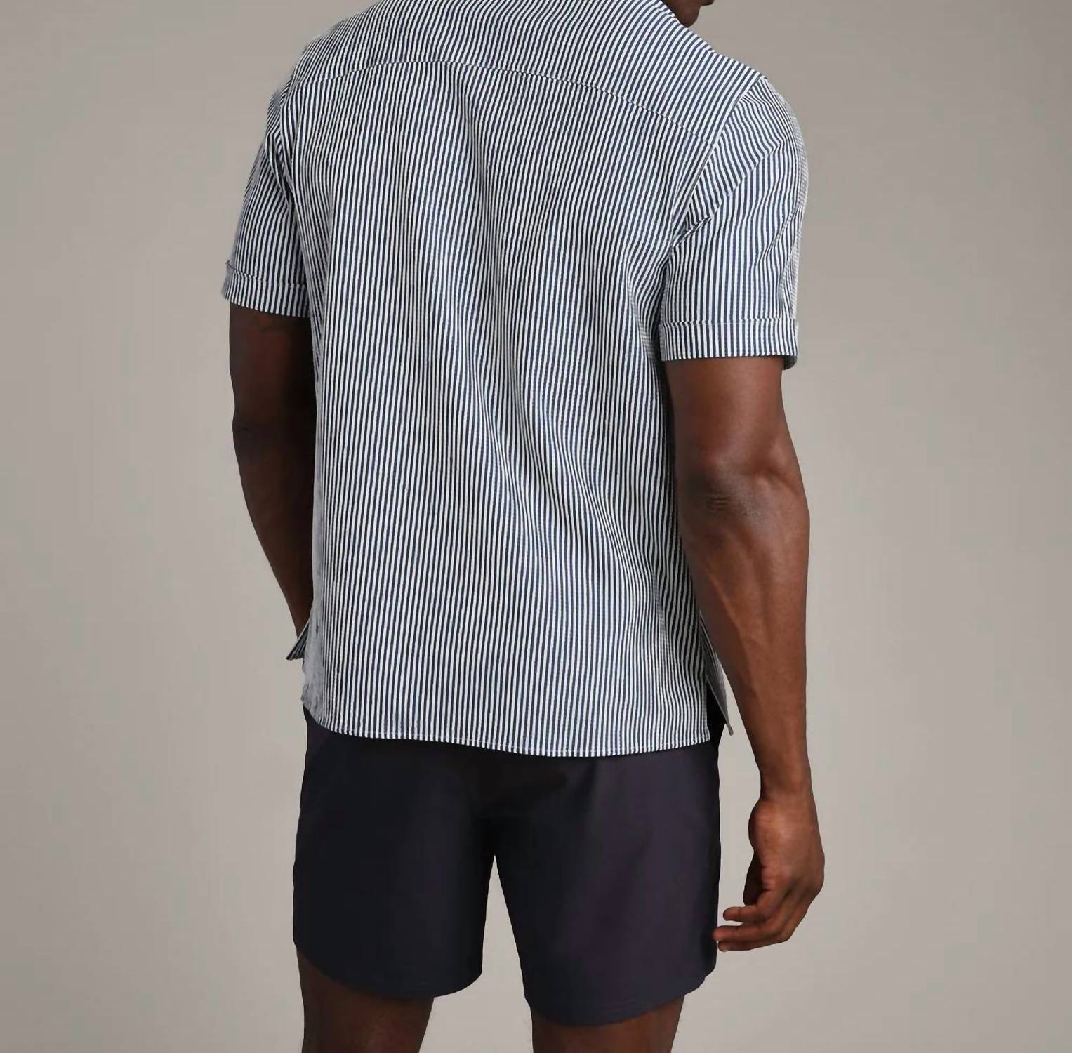 RHONE Commuter Seersucker Camp Collar Shirt in navy stripe - men's t-shirt - detail view