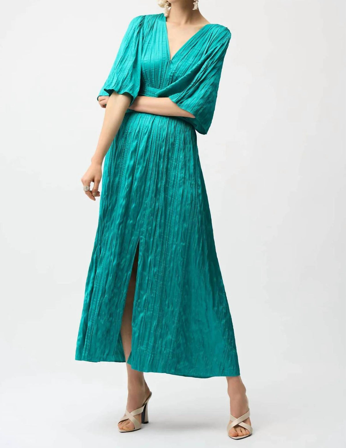 Joseph Ribkoff - Pleated Satin V-neck Maxi Dress