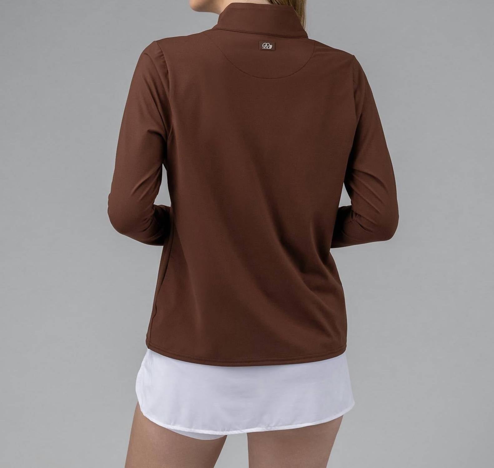Good Good Golf Women's Perfect Grip Q-Zip Top in brown - women's long sleeve top - detail view