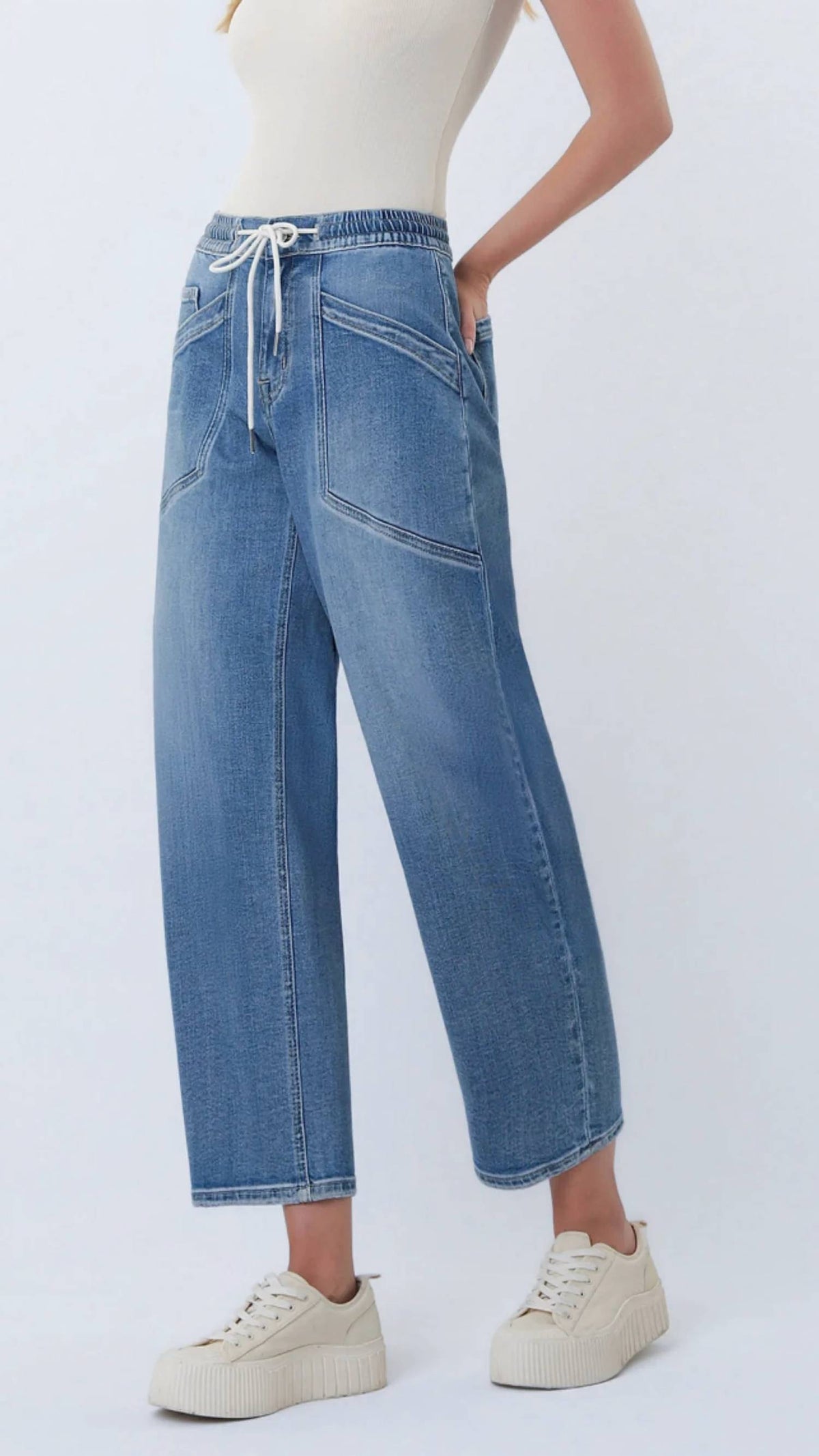 Vervet By Flying Monkey - High Rise Elastic Waistband Wide Barrel Jeans
