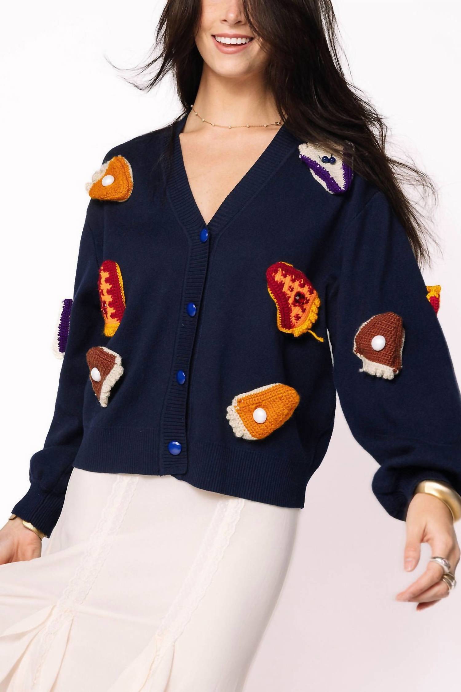 QUEEN OF SPARKLES Knit Pies On Plate Long Sleeve Cardigan in navy - women's cardigan