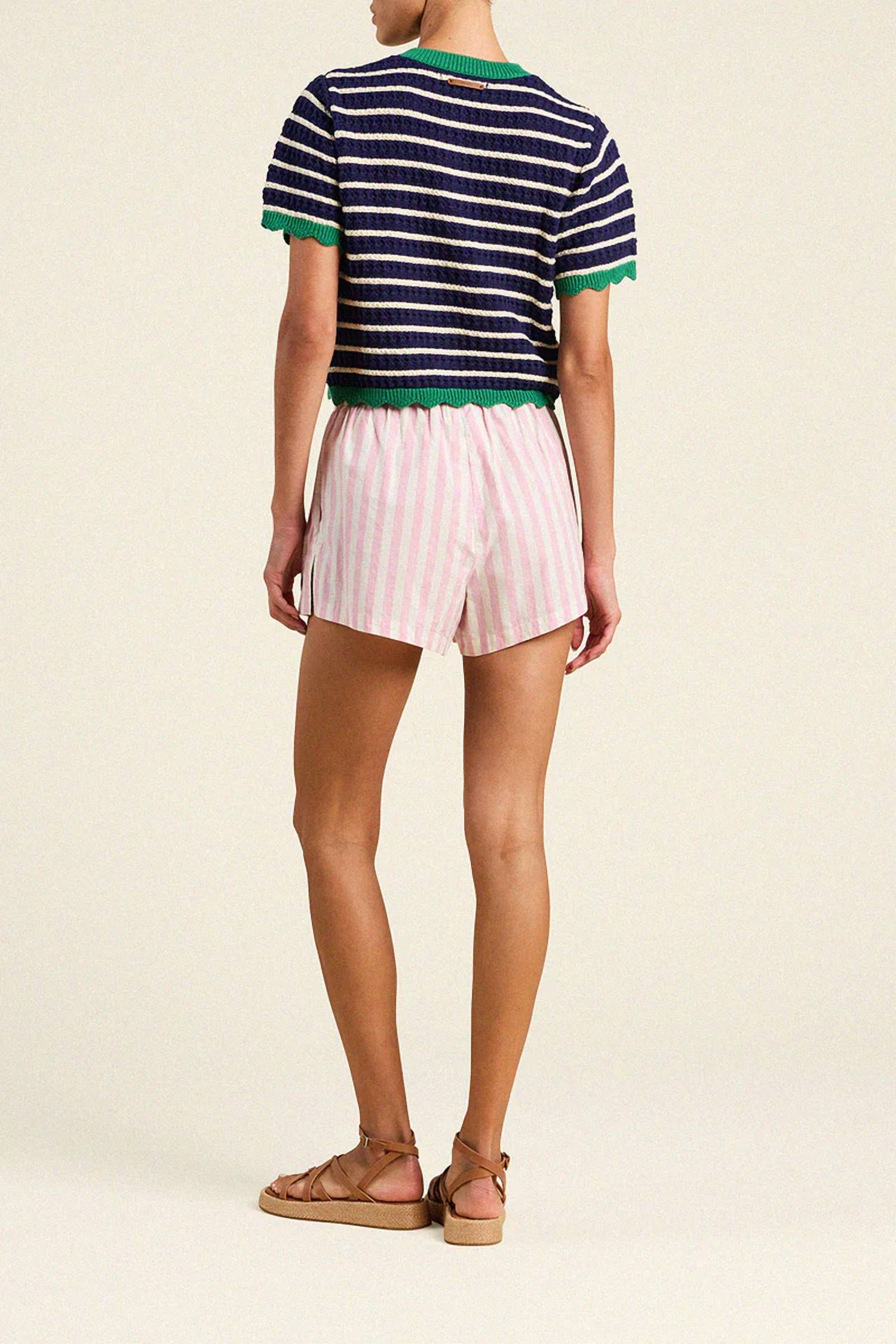 TROVATA Aurora Short Sleeve Cardigan in navy stripe - women's cardigan - detail view