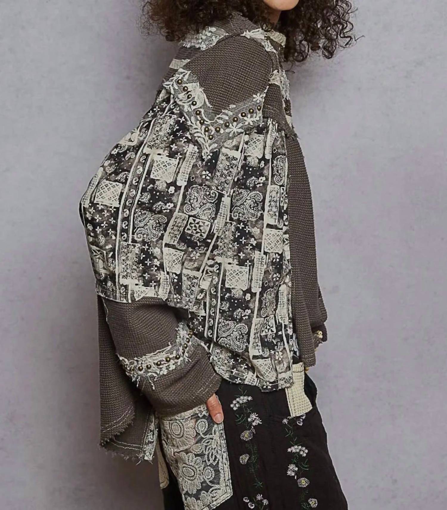 Pol - Printed Contrast Stud Button High Neck Top & Jogger Set