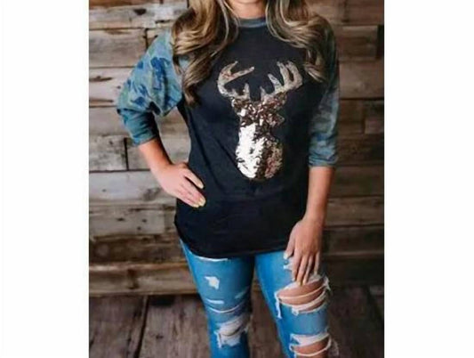 Raglan with Gold Sequin Deer Head Tee