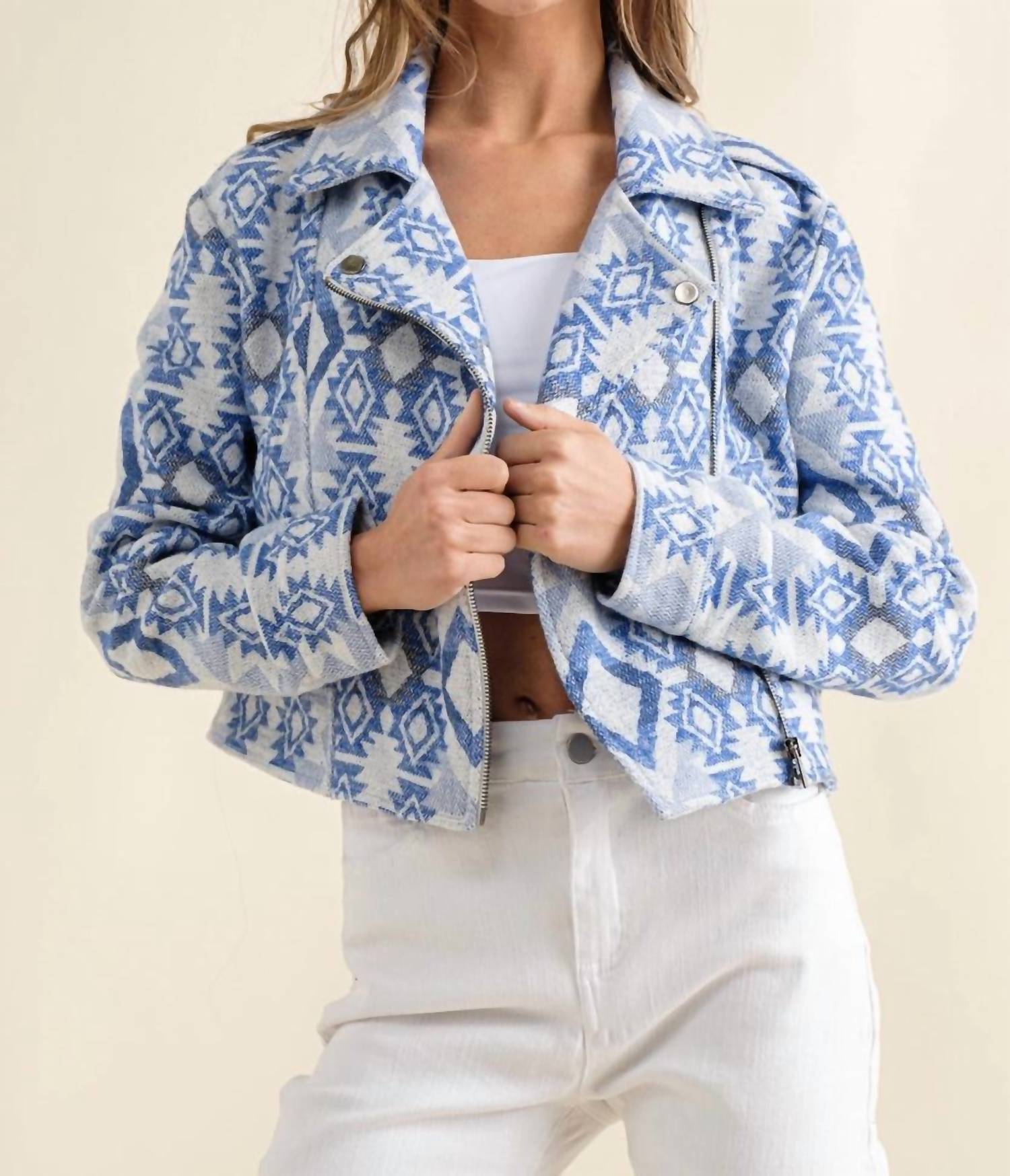 Blue B - Jacquard Aztec Crop Moto Jacket