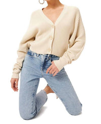 GOOD AMERICAN V-Neck Slouchy Cardigan Sweater in ivory - women's sweater
