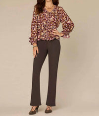 Democracy Long Tie Sleeve V-neck Printed Woven Top in floral - women's blouse - alternate view