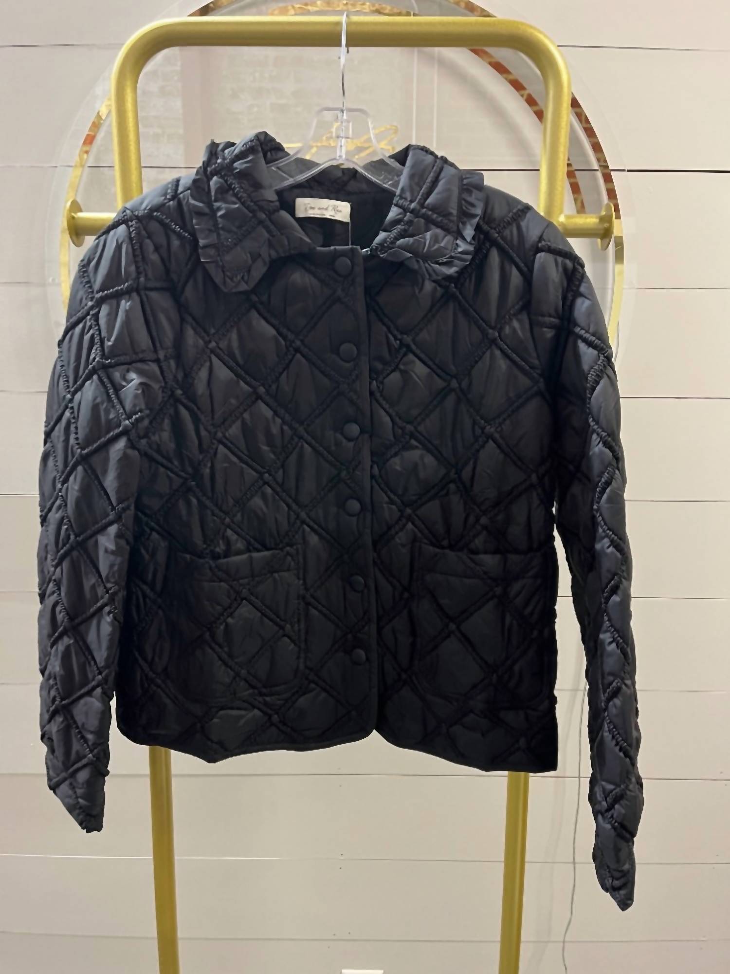 Doe and Rae Ruffle Collar Quilted Jacket in black - women's jacket - alternate view