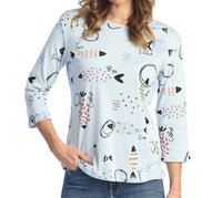 Jess & Jane Bahamas Printed Cotton Top in light blue - women's t-shirt