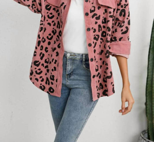 Epretty - Leopard Print Corduroy Shirt Jacket Shacket
