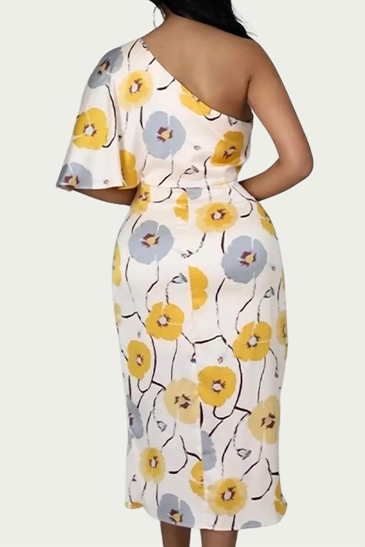 ONE-SHOULDER RUCHED FLORAL-PRINT MIDI DRESS