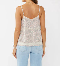 Lovestitch - Lace-trimmed Button Down Floral Spaghetti Tank Top