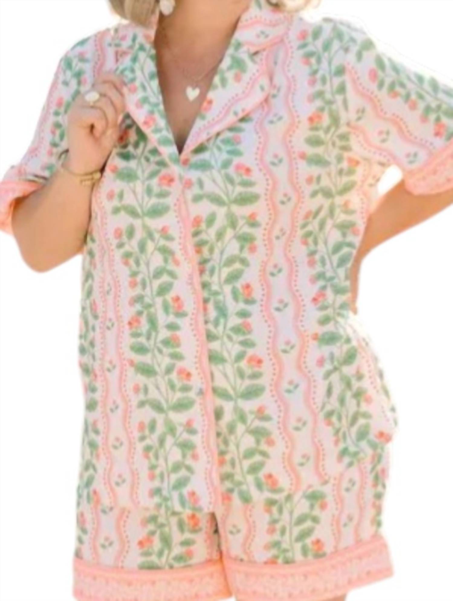 VICTORIA DUNN Celine Short Pj Set in rose garden - women's sleepwear - detail view