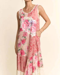 Davi & Dani - Women's Print Flower Patchwork Lace Tiered Dress