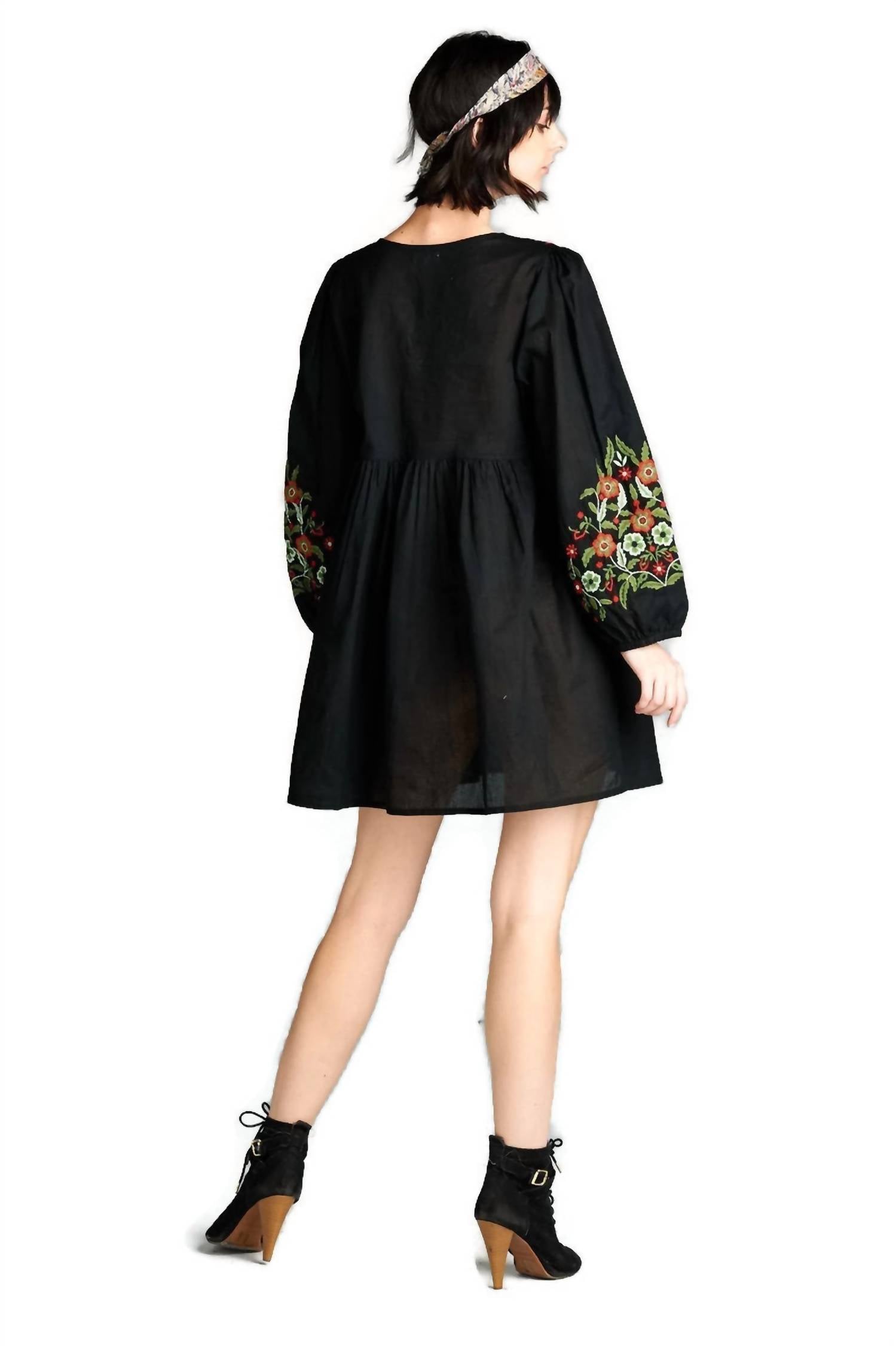 Velzera - Floral Embroidered Peasant Mini Dress - Plus