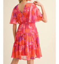 Jodifl - Floral Print Chiffon V-neck Dress With Short Bell Sleeves