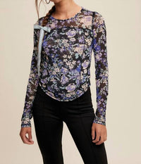 Listicle - Floral Print Mesh Fitted Long Sleeve Top