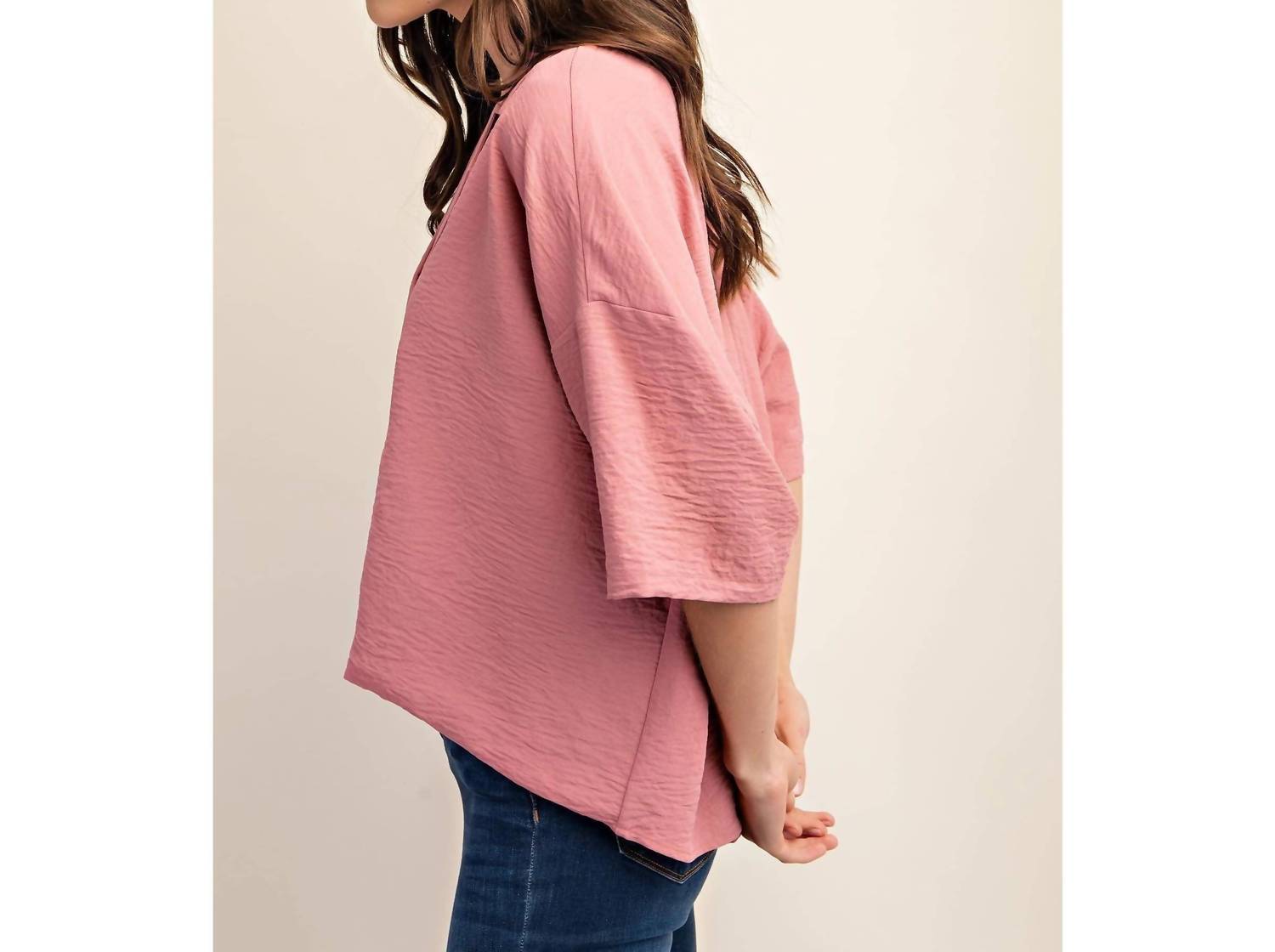 Style USA V-neck Collared Pop Over Top in dusty pink - women's blouse - alternate view