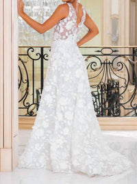 Jessica Angel - Sleeveless A-line V-back Court Train 3d Floral Lace Wedding Dress