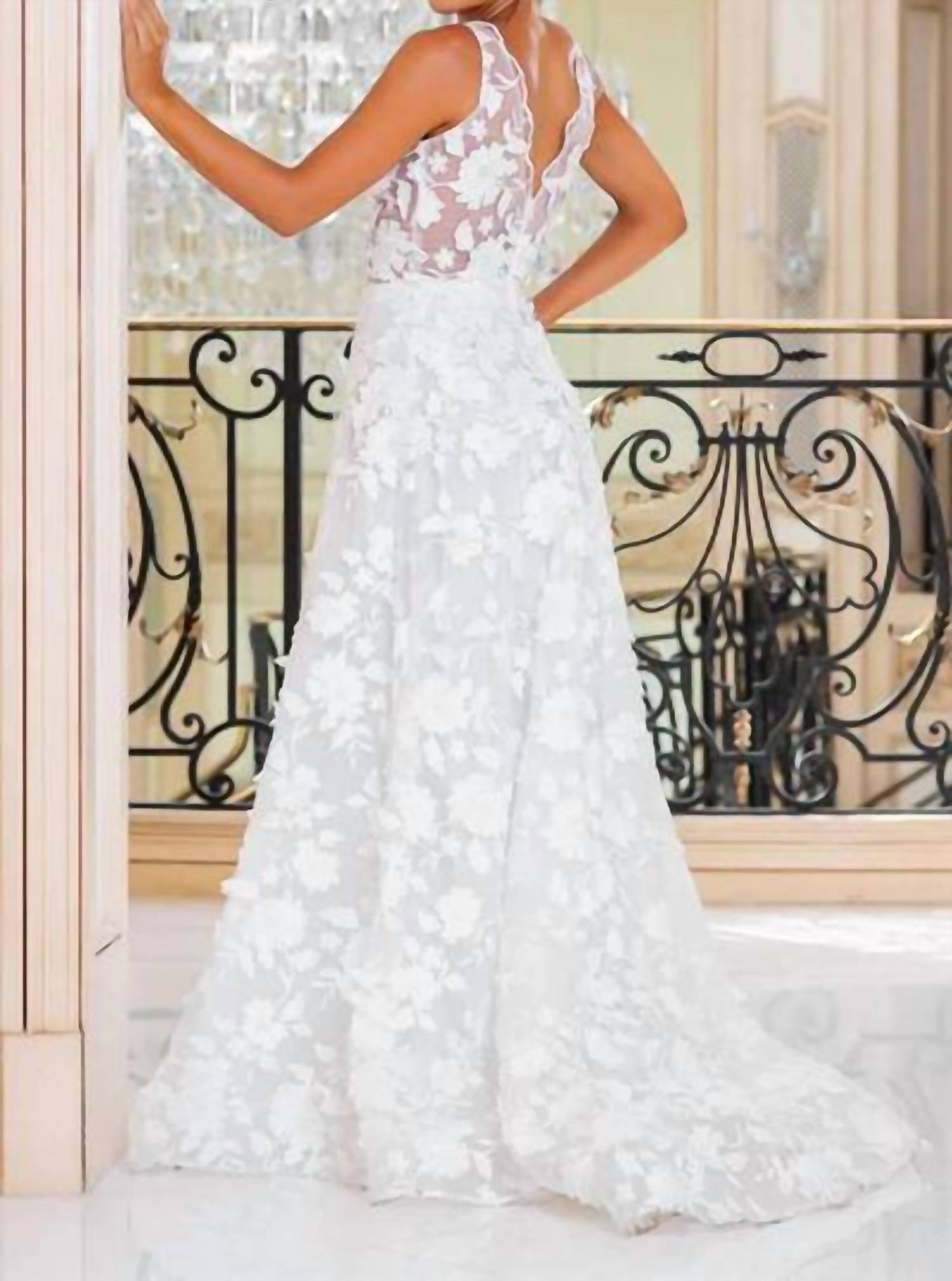 Jessica Angel - Sleeveless A-line V-back Court Train 3d Floral Lace Wedding Dress