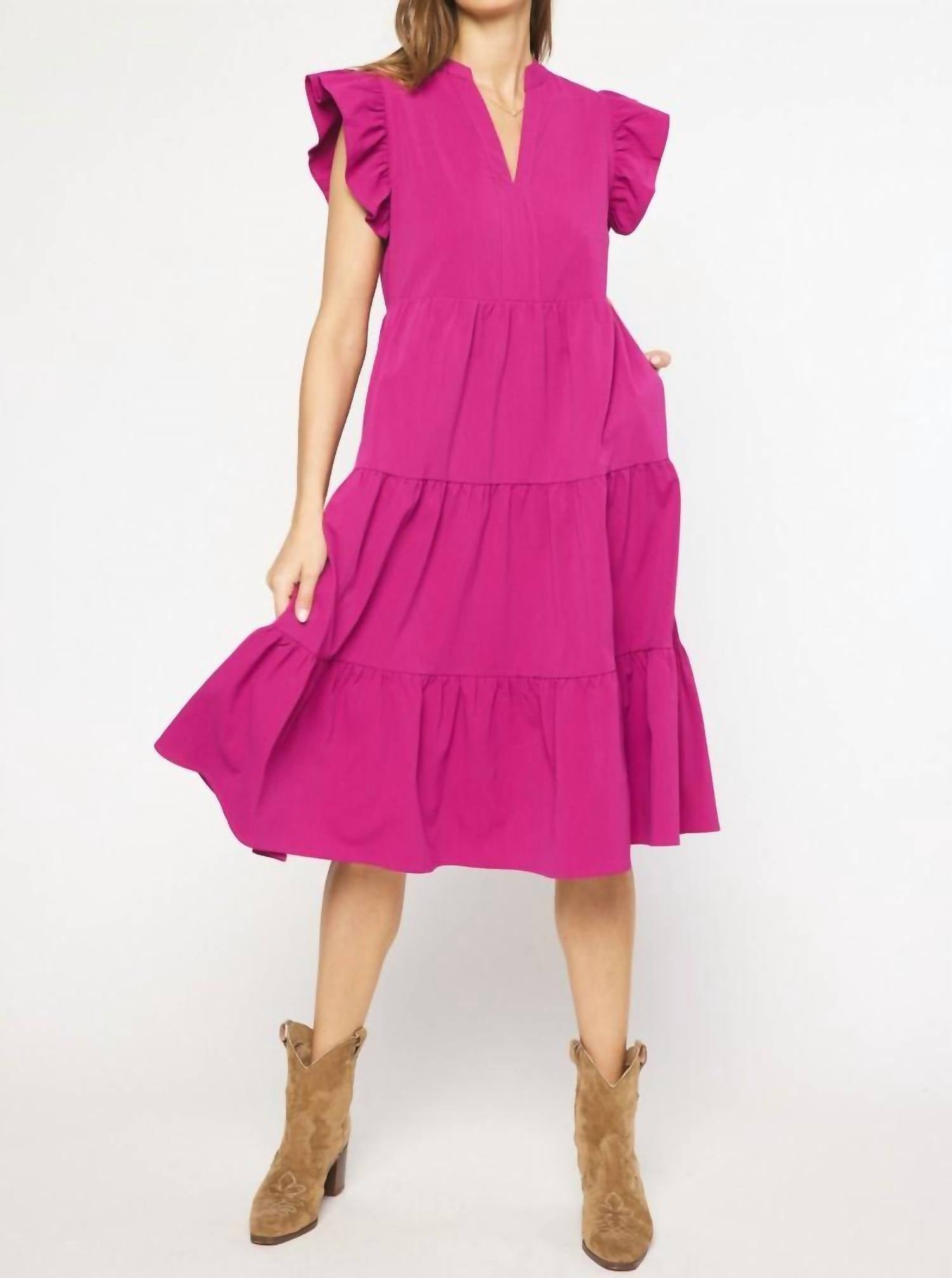 entro Ruffled Pocket Tiered Midi Dress in violet - women's dress