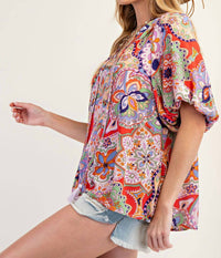 Easel Bohemian Paisley Print Tassel Front Top in blush red - women's t-shirt - view 5