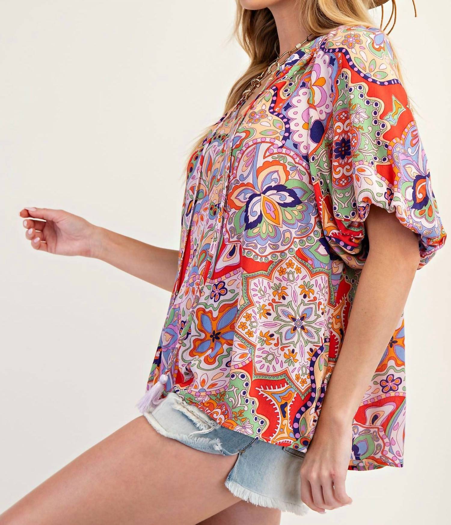Easel Bohemian Paisley Print Tassel Front Top in blush red - women's t-shirt - view 5