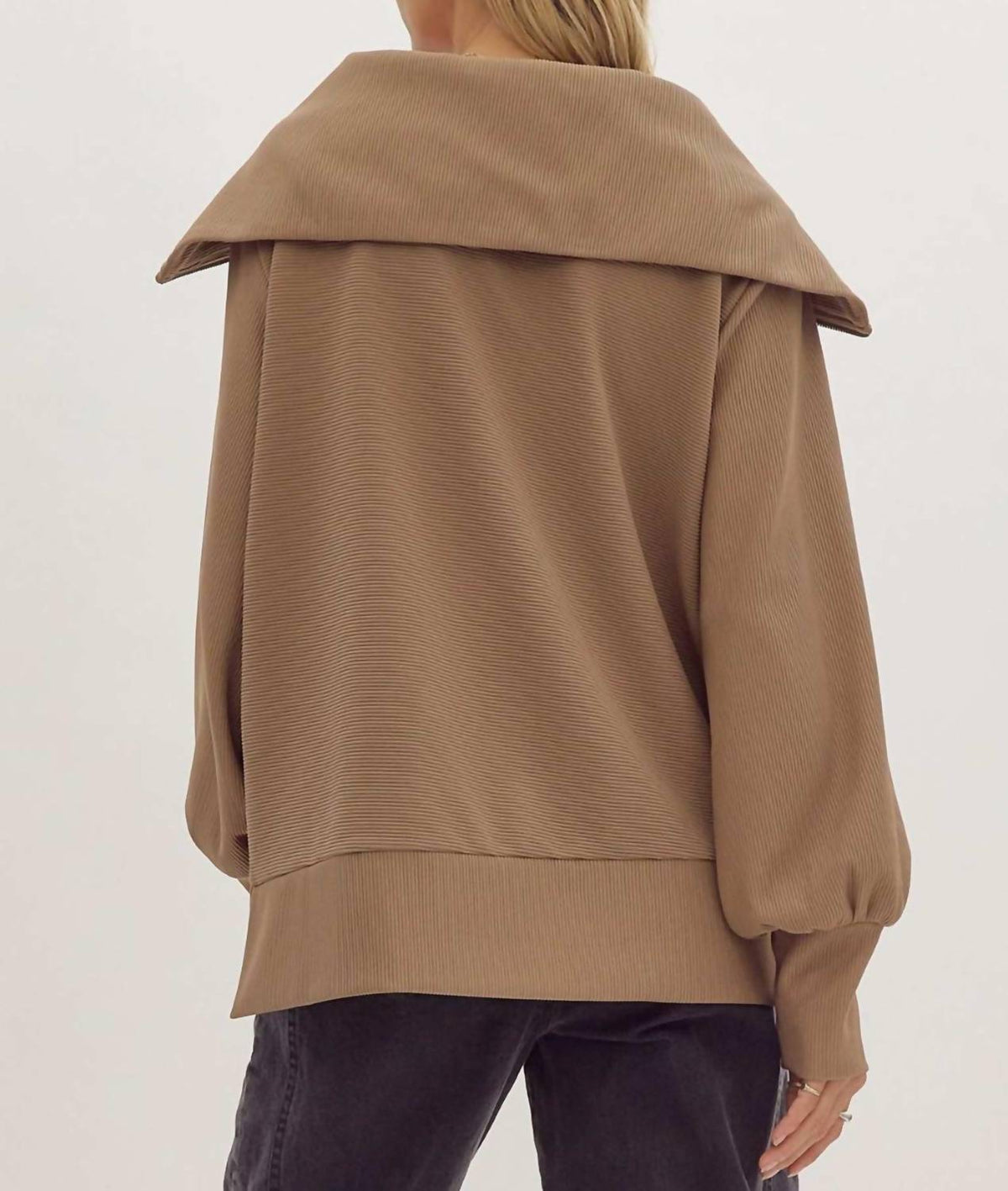 Entro - Solid Ribbed Half-zip Long Sleeve Top