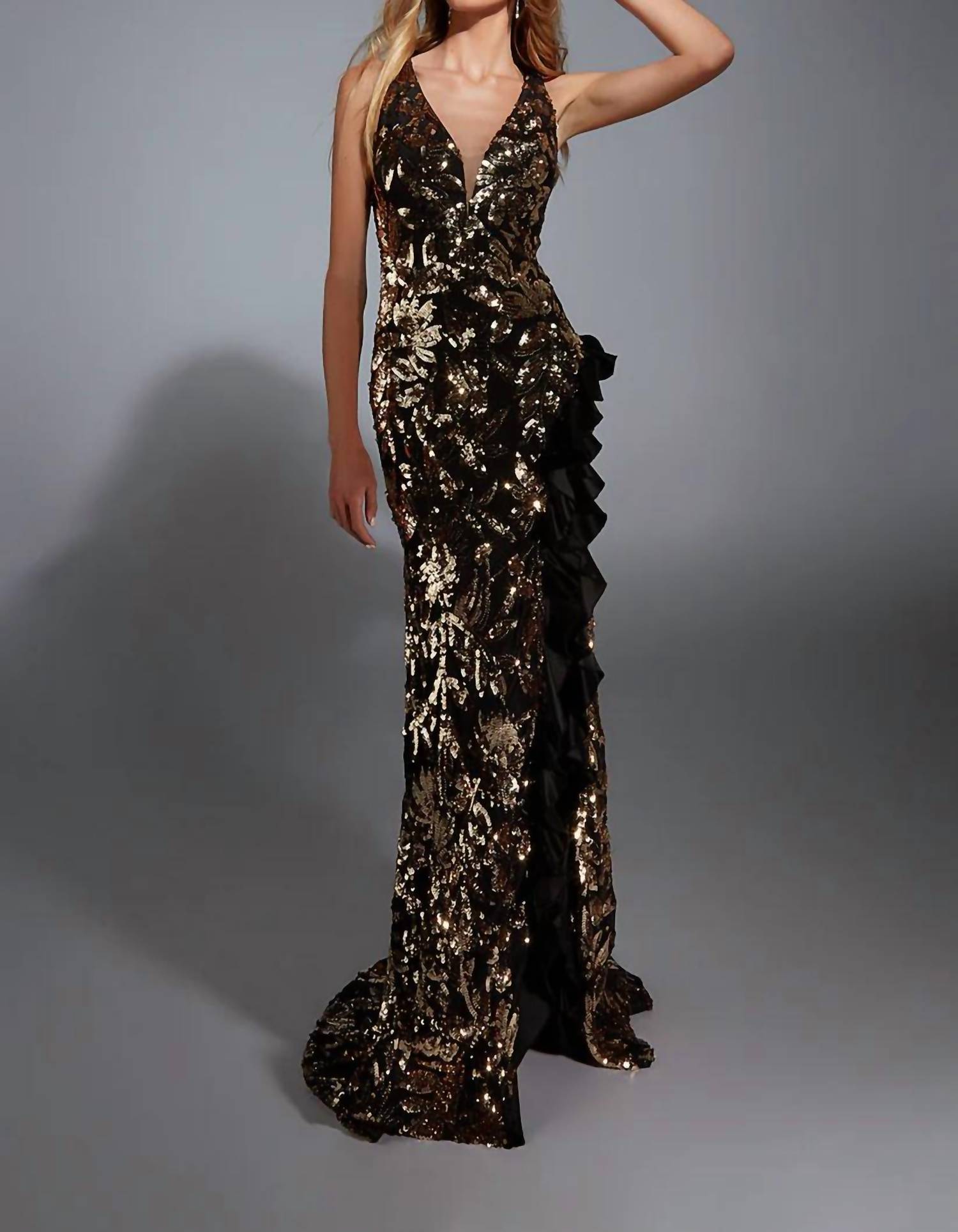 Alyce Paris - Ruffle Sequin Plunging Neckline Gown