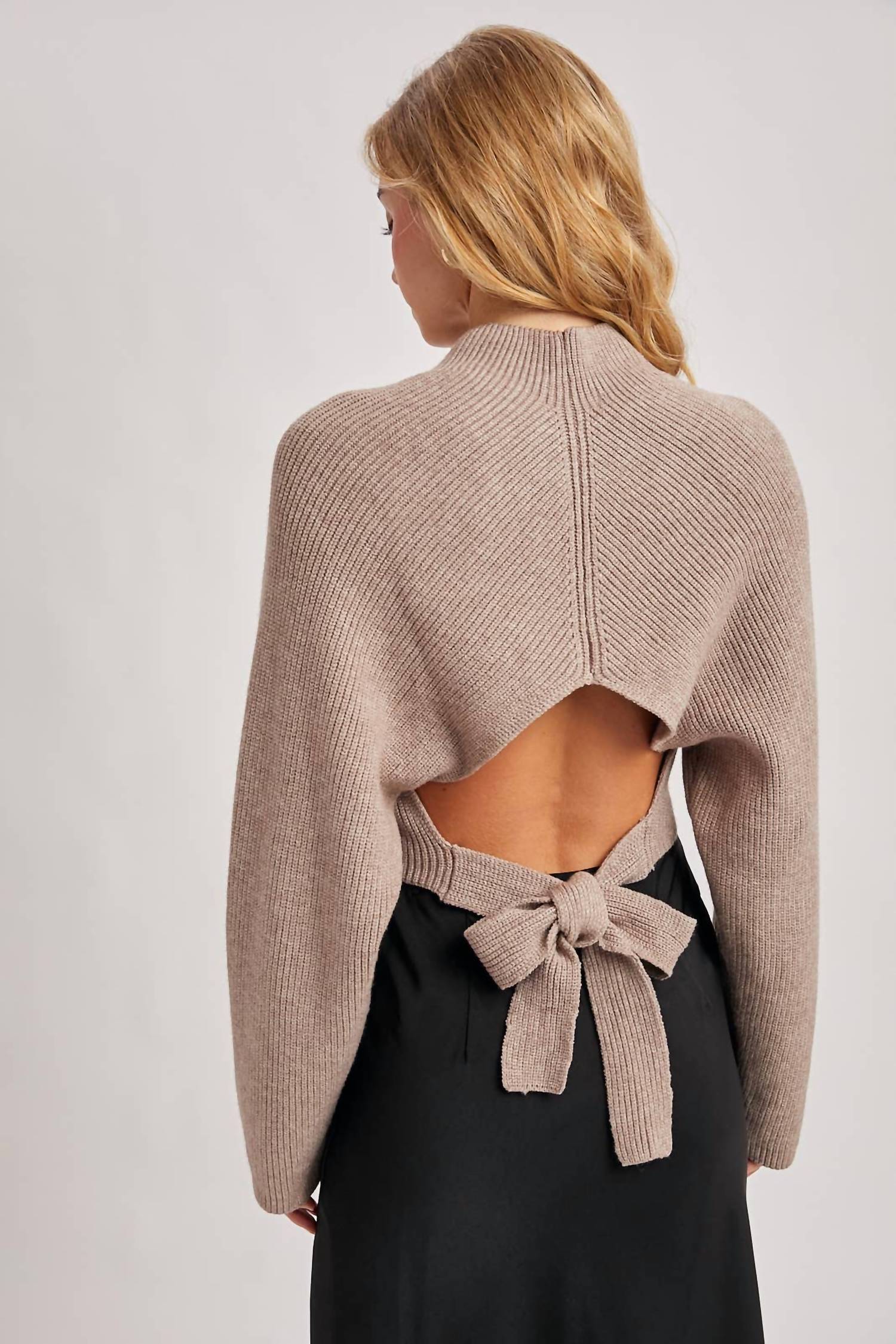Bluivy - Mock Neck Open Back Ribbed Knit Tie Sweater Top