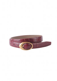 Reign the Label Women's Croco Clean Stitched Belt With Oval Buckle in burgundy - women's accessory