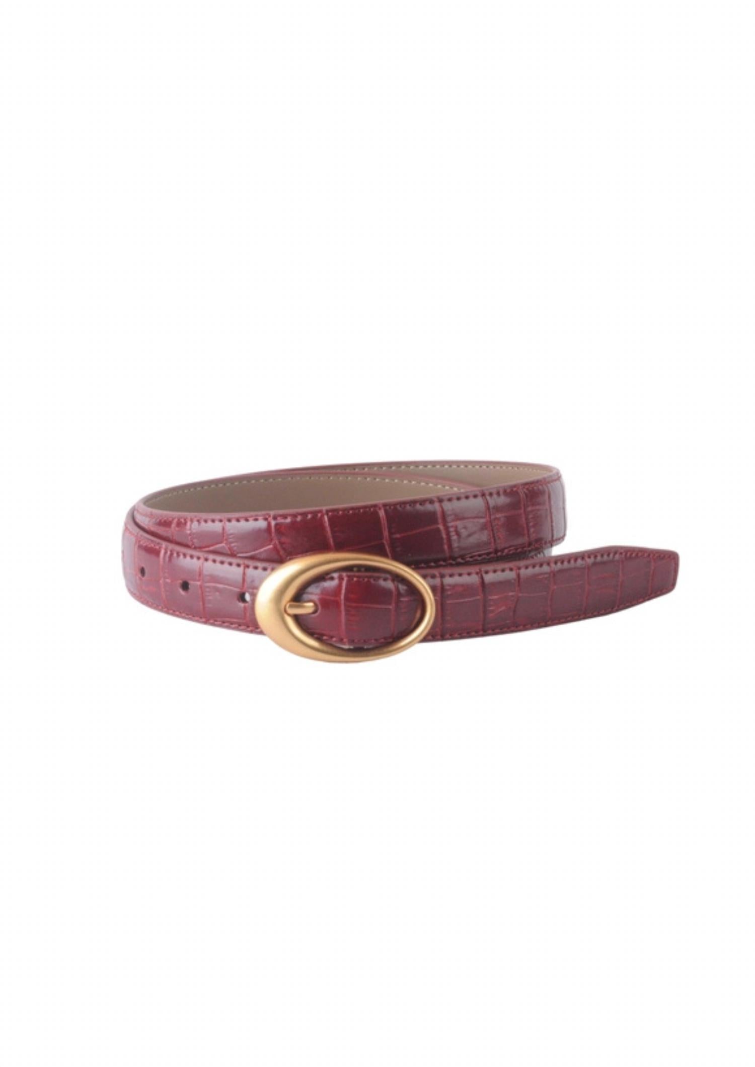 Reign the Label Women's Croco Clean Stitched Belt With Oval Buckle in burgundy - women's accessory