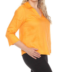 Joseph Ribkoff Collared V-neck 3/4 Sleeve Linen Top in apricot - women's blouse - alternate view