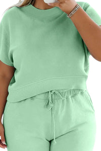 Shewin - Solid Ribbed Trim Short Sleeve Top Drawstring Pants Sets