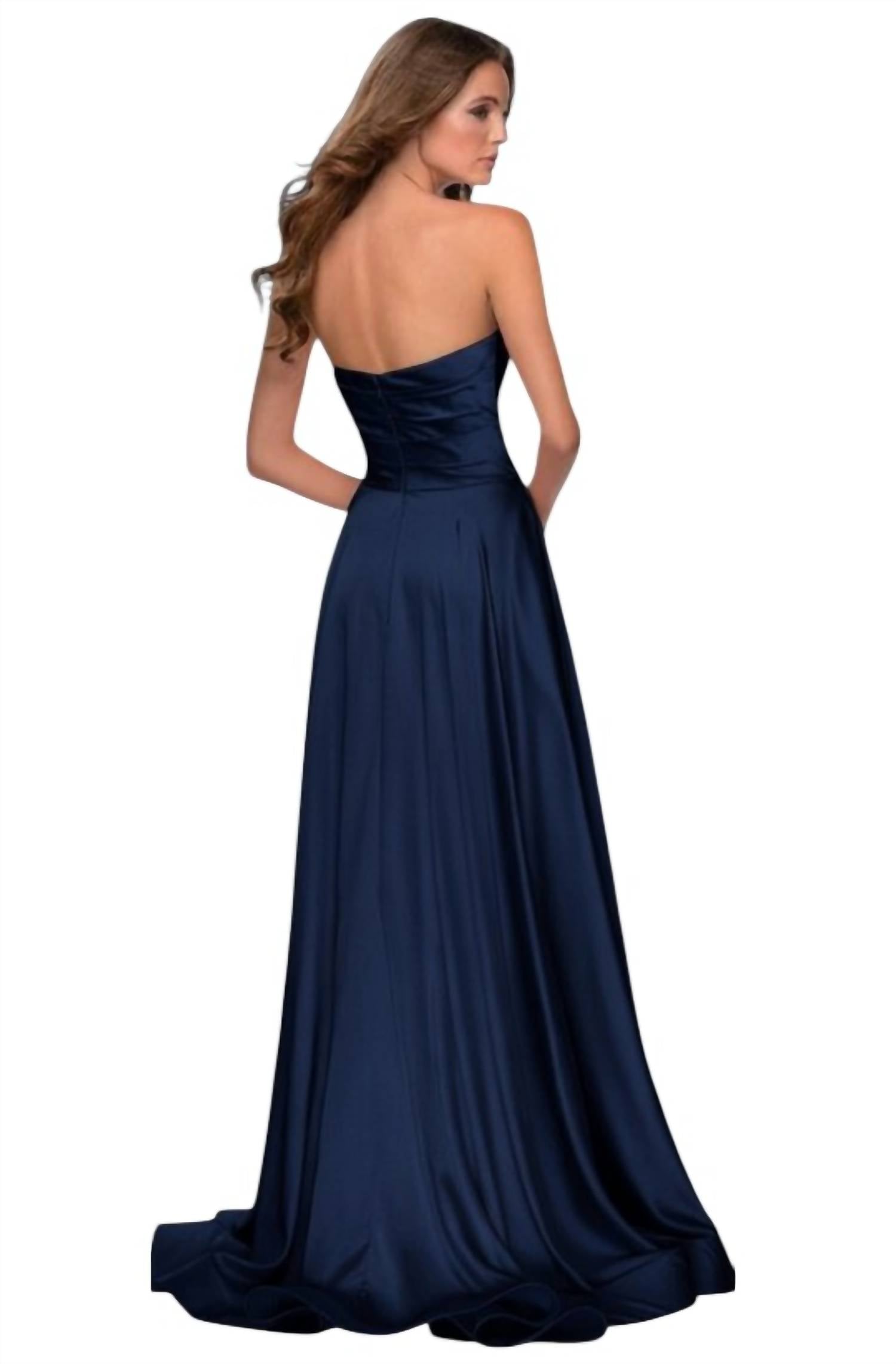 La Femme - Strapless Satin Gown With Pleated Bodice And Slit