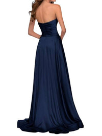 La Femme - Strapless Satin Gown With Pleated Bodice And Slit