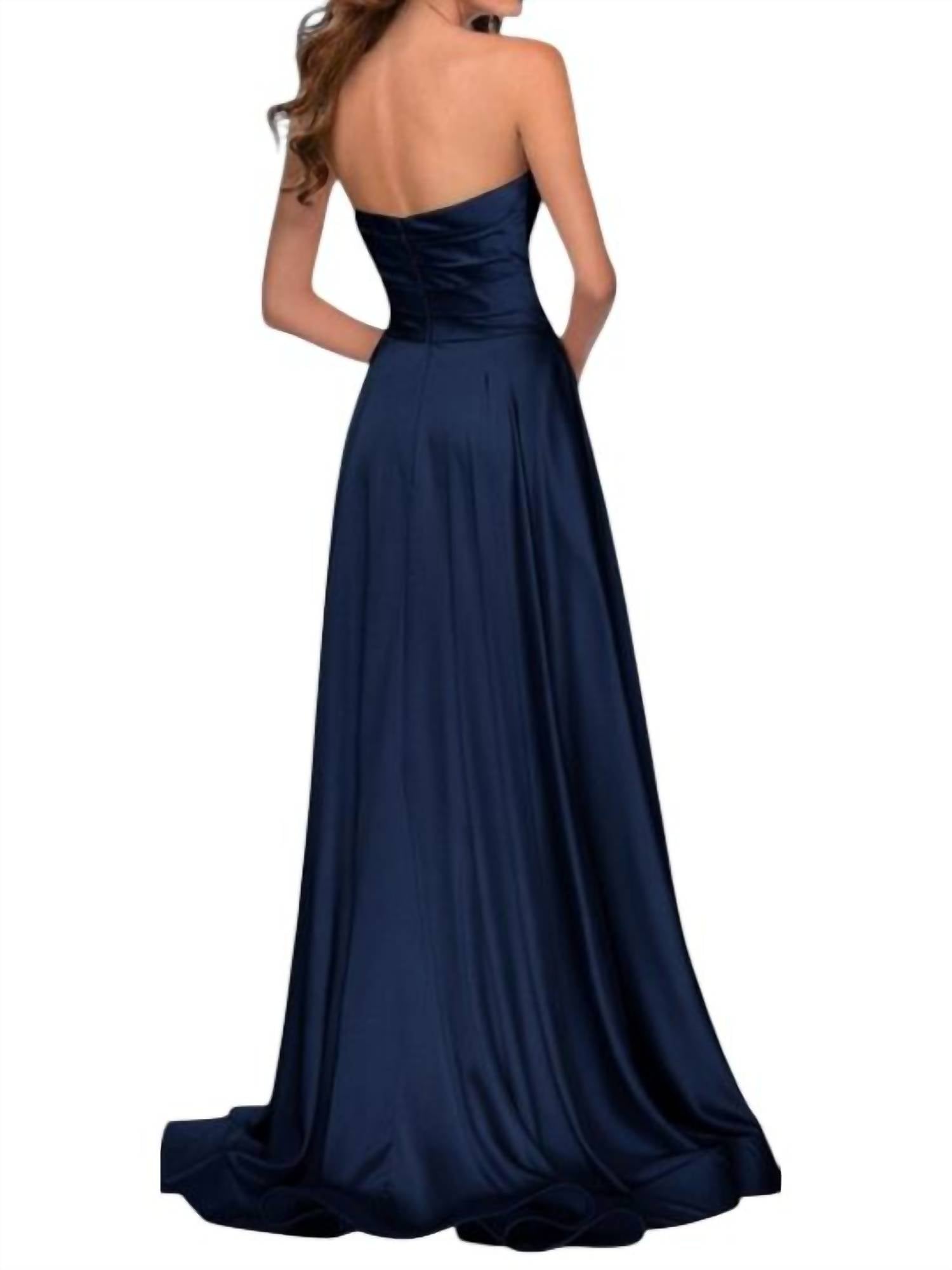 La Femme - Strapless Satin Gown With Pleated Bodice And Slit