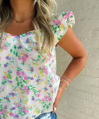 Blu Pepper - Floral Sweetheart Neckline Ruffle Sleeve Top