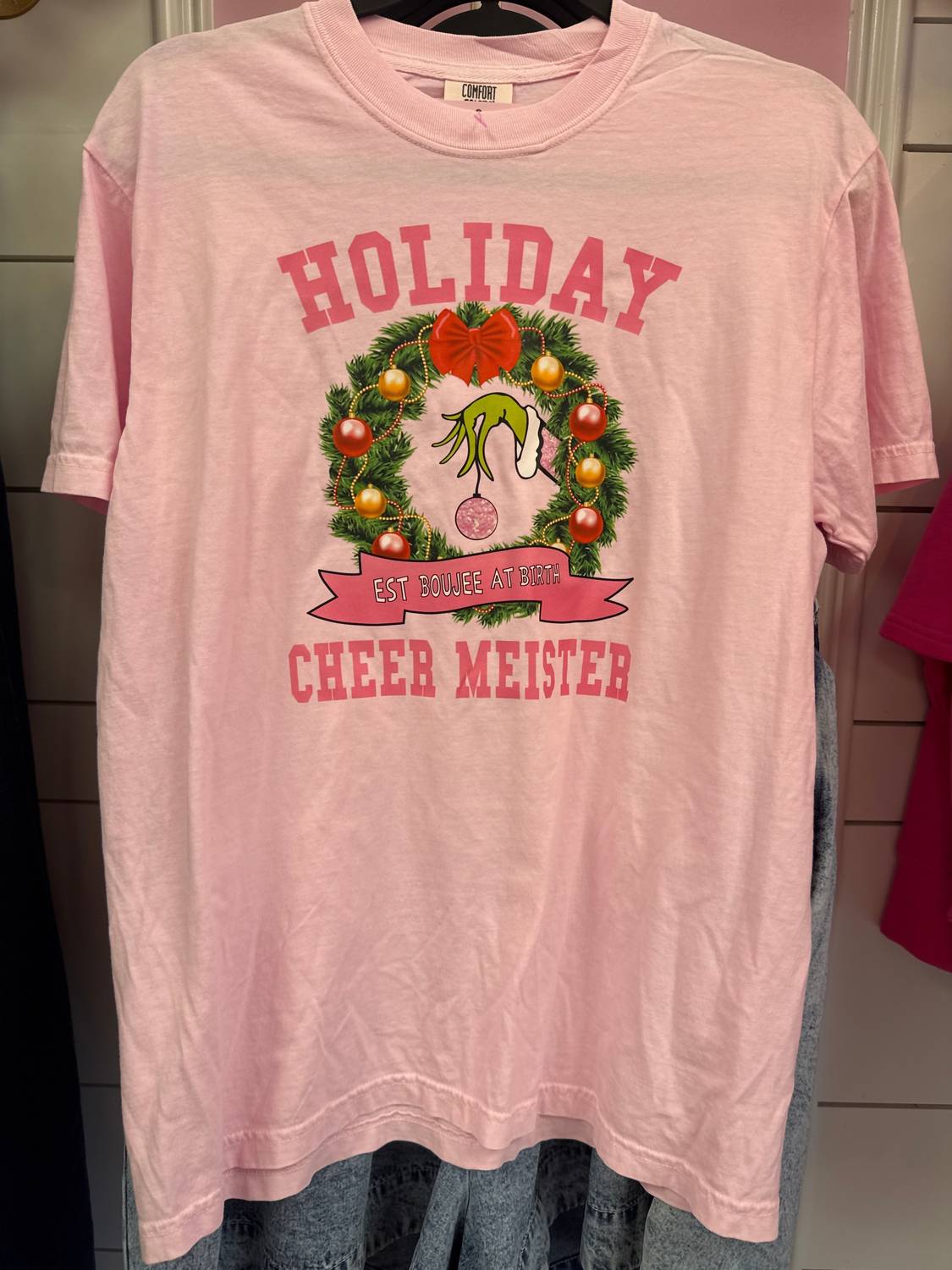 Comfort Colors Women's Holiday Cheer Meister Crewneck T-shirt in pink - women's t-shirt